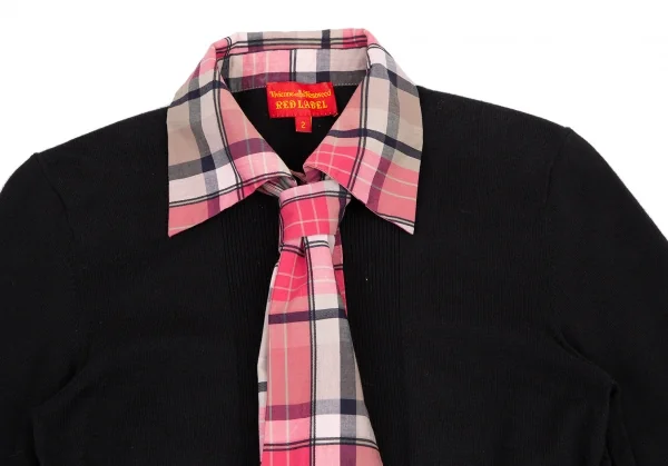 ヴィヴィアンウエストウッド レッドレーベルVivienne Westwood Red Label ネクタイ付きチェックシャツ切替ニットカーディガン 黒ピンク2 K-116474_003