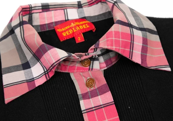 ヴィヴィアンウエストウッド レッドレーベルVivienne Westwood Red Label ネクタイ付きチェックシャツ切替ニットカーディガン 黒ピンク2 K-116474_005