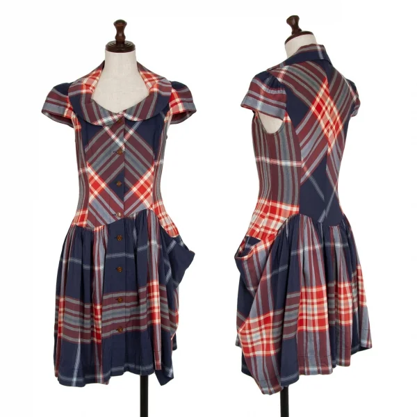 ヴィヴィアンウエストウッド レッドレーベルVivienne Westwood Red Label チェックラウンドカラーフレンチスリーブブラウスワンピース 青赤白2 K-116481_001