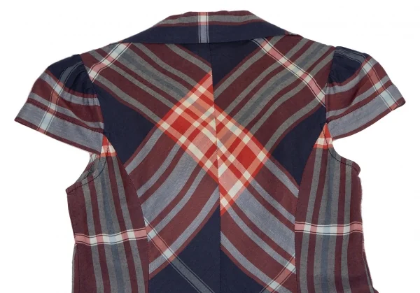 ヴィヴィアンウエストウッド レッドレーベルVivienne Westwood Red Label チェックラウンドカラーフレンチスリーブブラウスワンピース 青赤白2 K-116481_010