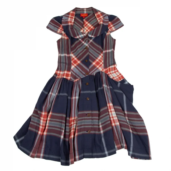 ヴィヴィアンウエストウッド レッドレーベルVivienne Westwood Red Label チェックラウンドカラーフレンチスリーブブラウスワンピース 青赤白2 K-116481_002
