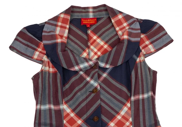 ヴィヴィアンウエストウッド レッドレーベルVivienne Westwood Red Label チェックラウンドカラーフレンチスリーブブラウスワンピース 青赤白2 K-116481_003