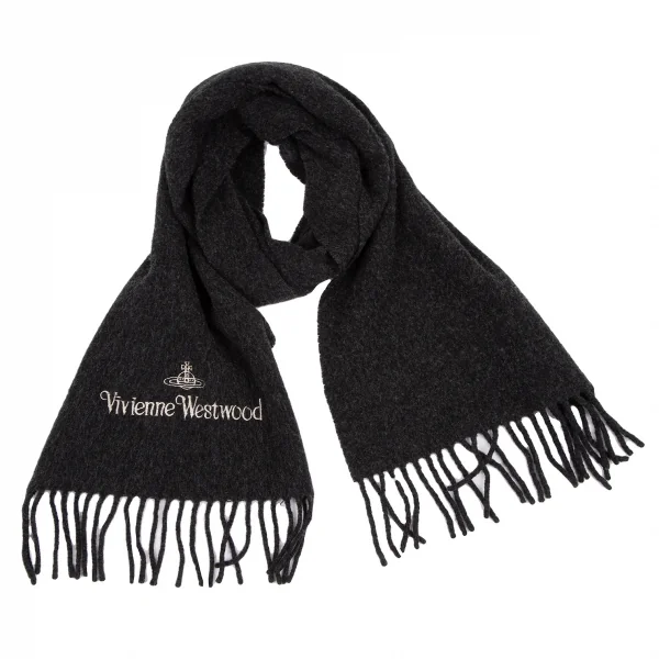 ヴィヴィアンウエストウッドマンVivienne Westwood MAN ウールカシミヤロゴ刺繍フリンジマフラー チャコール K-116489_001