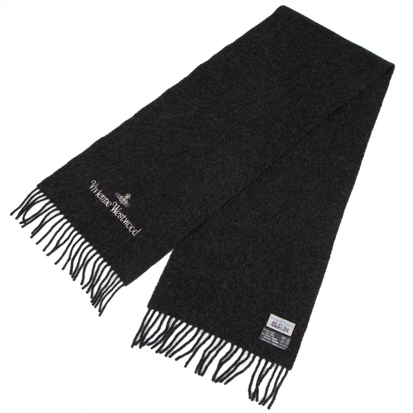 ヴィヴィアンウエストウッドマンVivienne Westwood MAN ウールカシミヤロゴ刺繍フリンジマフラー チャコール K-116489_002