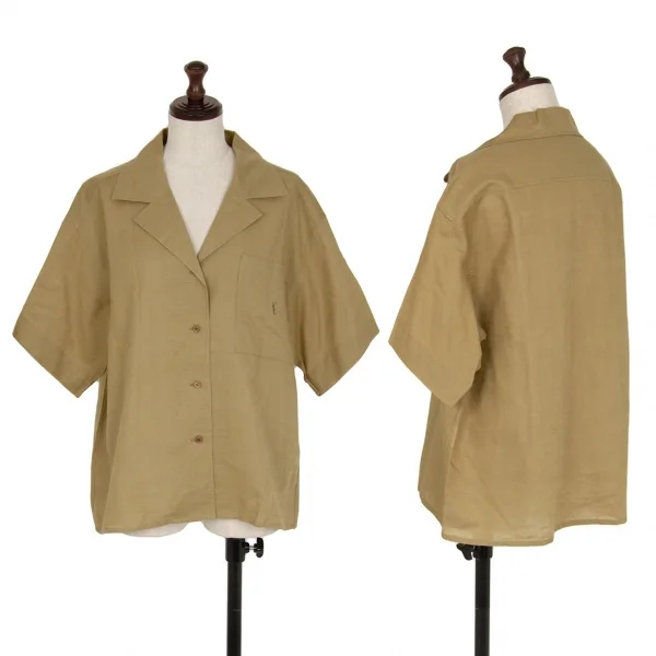 イヴサンローランYves Saint Laurent リネンコットンワンポイントロゴ刺繍半袖シャツ ベージュM K-116669_001