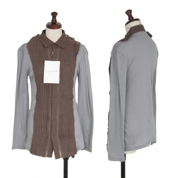 ヨウジヤマモト ファムYohji Yamamoto FEMME ピンタック切替カットソーシャツ グレー茶1 K-116710_001