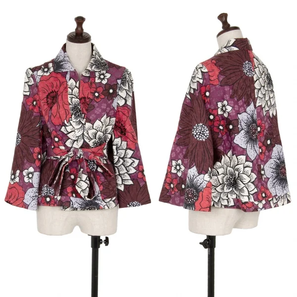 ケイタマルヤマKEITA MARUYAMA フラワープリントフレアスリーブボタンレスジャケット 紫ボルドー赤1 K-116758_001