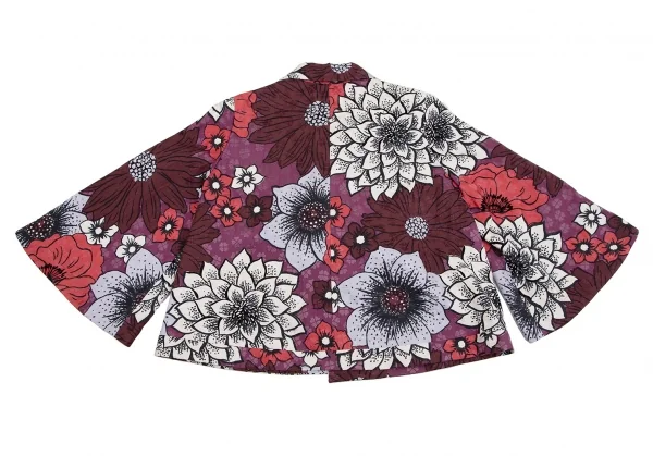 ケイタマルヤマKEITA MARUYAMA フラワープリントフレアスリーブボタンレスジャケット 紫ボルドー赤1 K-116758_010
