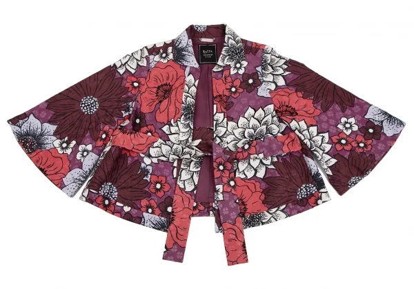 ケイタマルヤマKEITA MARUYAMA フラワープリントフレアスリーブボタンレスジャケット 紫ボルドー赤1 K-116758_002