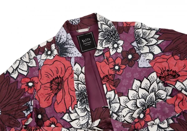 ケイタマルヤマKEITA MARUYAMA フラワープリントフレアスリーブボタンレスジャケット 紫ボルドー赤1 K-116758_003