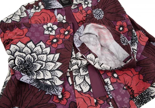 ケイタマルヤマKEITA MARUYAMA フラワープリントフレアスリーブボタンレスジャケット 紫ボルドー赤1 K-116758_006