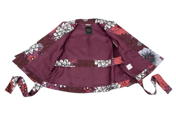 ケイタマルヤマKEITA MARUYAMA フラワープリントフレアスリーブボタンレスジャケット 紫ボルドー赤1 K-116758_009