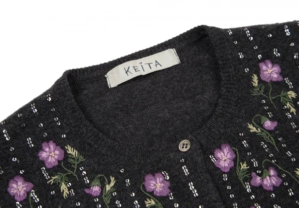 ケイタマルヤマKEITA MARUYAMA 花刺繍スパンコール装飾ニットカーディガン チャコール1 K-116763_006