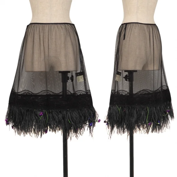 ケイタマルヤマKEITA MARUYAMA フェザーフリンジ装飾メッシュオーバースカート 黒1 K-116784_001