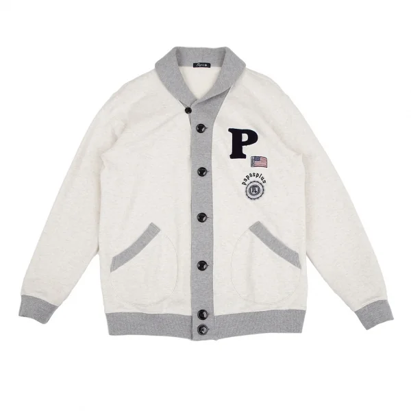 パパスプラスPapas+ ワッペンショールカラースウェットカーディガン 白グレーL K-116853_001