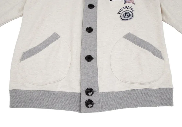 パパスプラスPapas+ ワッペンショールカラースウェットカーディガン 白グレーL K-116853_011