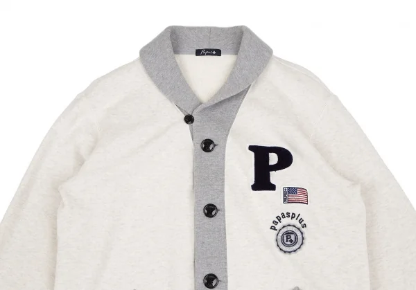 パパスプラスPapas+ ワッペンショールカラースウェットカーディガン 白グレーL K-116853_002