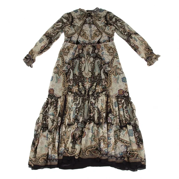 エトロETRO シルクペイズリーギャザー切替シャツワンピース 黒マルチ44 K-116869_002