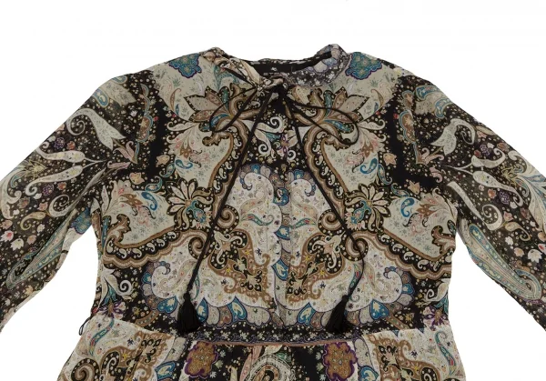エトロETRO シルクペイズリーギャザー切替シャツワンピース 黒マルチ44 K-116869_003