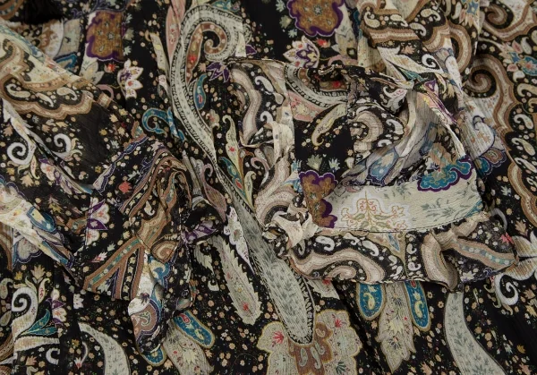 エトロETRO シルクペイズリーギャザー切替シャツワンピース 黒マルチ44 K-116869_008