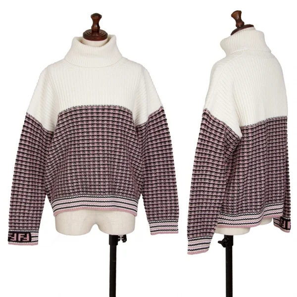 フェンディFENDIウールカシミヤ袖ズッカ柄タートルニットセーター 白ピンク46 K-116870_001