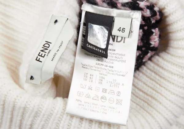 フェンディFENDIウールカシミヤ袖ズッカ柄タートルニットセーター 白ピンク46 K-116870_014