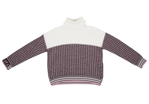 フェンディFENDIウールカシミヤ袖ズッカ柄タートルニットセーター 白ピンク46 K-116870_002