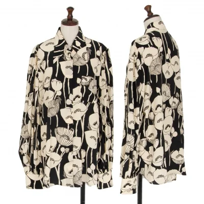 グッチGUCCI フローラルグラフィックパフスリーブシルクブラウス 黒クリーム