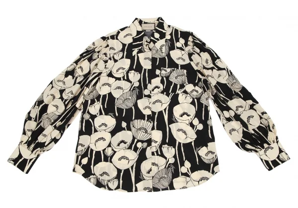グッチGUCCI フローラルグラフィックパフスリーブシルクブラウス 黒クリーム48 K-116877_002