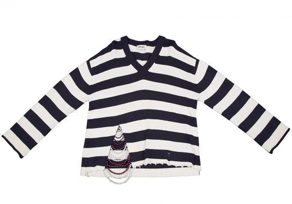 モンスMONSE ビジュー装飾クラッシュデザインボーダーニットセーター 白紺S K-116883_002