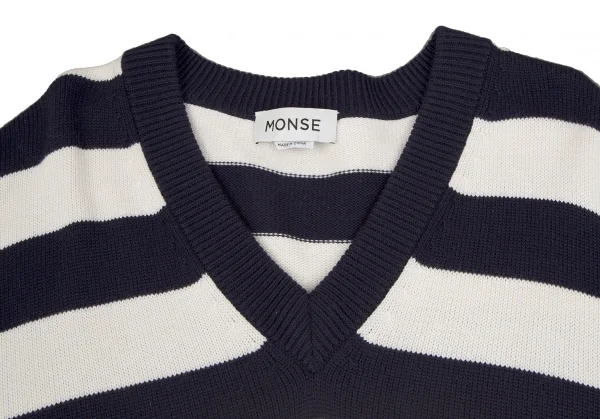 モンスMONSE ビジュー装飾クラッシュデザインボーダーニットセーター 白紺S K-116883_007