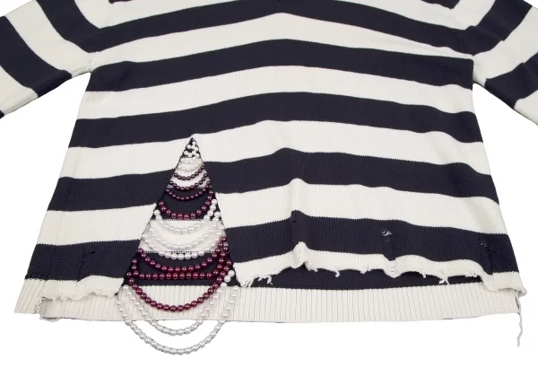 モンスMONSE ビジュー装飾クラッシュデザインボーダーニットセーター 白紺S K-116883_011