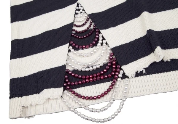 モンスMONSE ビジュー装飾クラッシュデザインボーダーニットセーター 白紺S K-116883_012