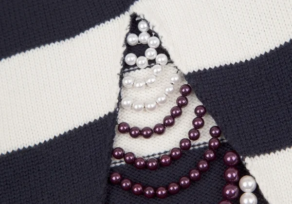 モンスMONSE ビジュー装飾クラッシュデザインボーダーニットセーター 白紺S K-116883_013