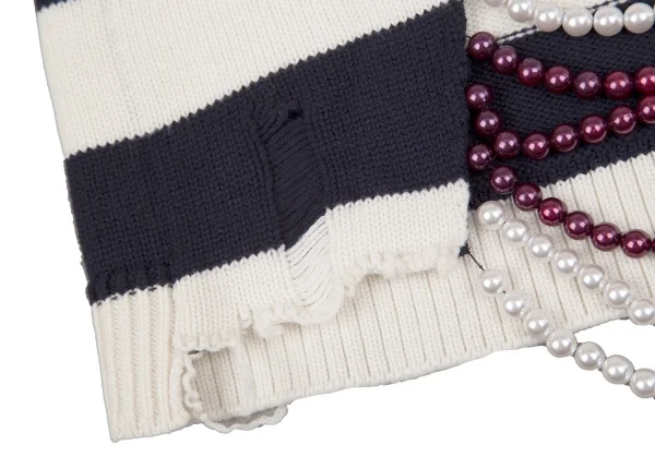 モンスMONSE ビジュー装飾クラッシュデザインボーダーニットセーター 白紺S K-116883_014