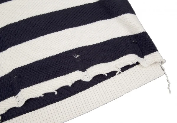 モンスMONSE ビジュー装飾クラッシュデザインボーダーニットセーター 白紺S K-116883_015