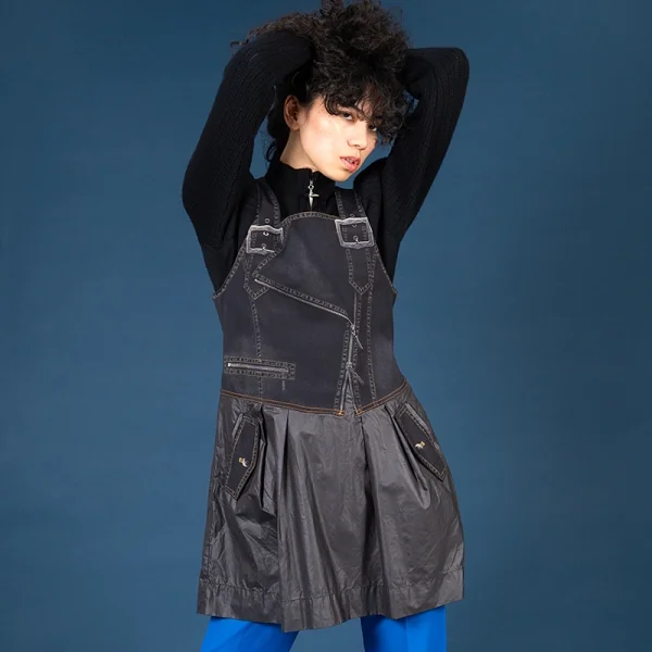 ヒロコビスHIROKO BIS eSSeNtieL デニム転写プリント切替ノースリーブワンピース 黒9 K-116943_019