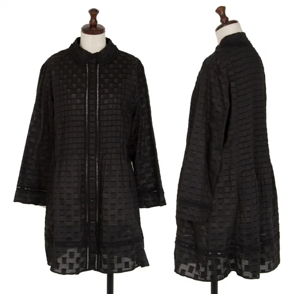 ヒロコビスHIROKO BIS eSSeNtieL ブロックカットジャガードピンタックシャツチュニック 黒9 K-116947_001
