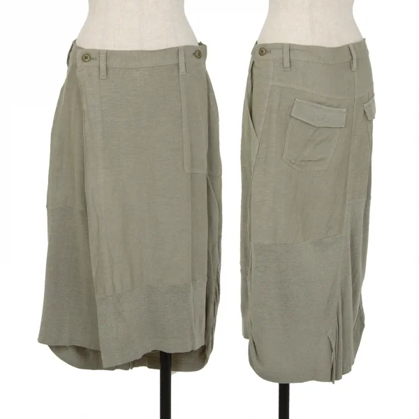 Y's Rayon Linen Switching Wrap Skirt Khaki-green 2 K-117036_001