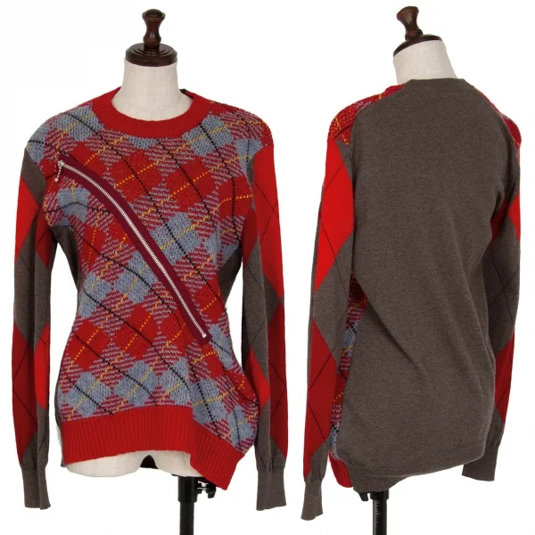 ジュンヤワタナベ コムデギャルソンJUNYA WATANABE COMME des GARCONSウールフロントジップアーガイルニットセーター 赤モカM K-117044_001