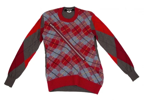 ジュンヤワタナベ コムデギャルソンJUNYA WATANABE COMME des GARCONSウールフロントジップアーガイルニットセーター 赤モカM K-117044_002
