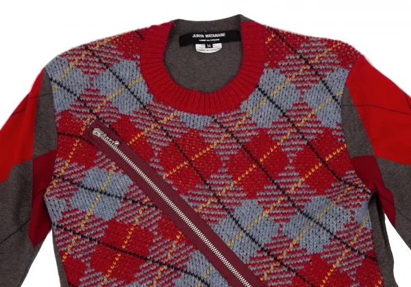 ジュンヤワタナベ コムデギャルソンJUNYA WATANABE COMME des GARCONSウールフロントジップアーガイルニットセーター 赤モカM K-117044_003