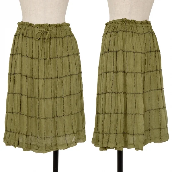 イッセイミヤケ ペルマネンテISSEY MIYAKE PERMANENTE シワプリーツグリッドチェックシルクスカート カーキグリーン2 K-117132_001