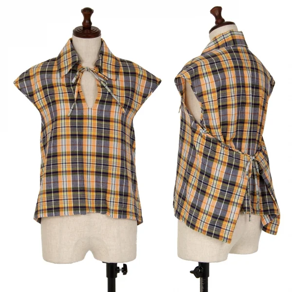 ヴィヴィアンウエストウッド レッドレーベルVivienne Westwood Red Label ハーフラッププルオーバーチェックブラウス オレンジ紺2 K-117346_001