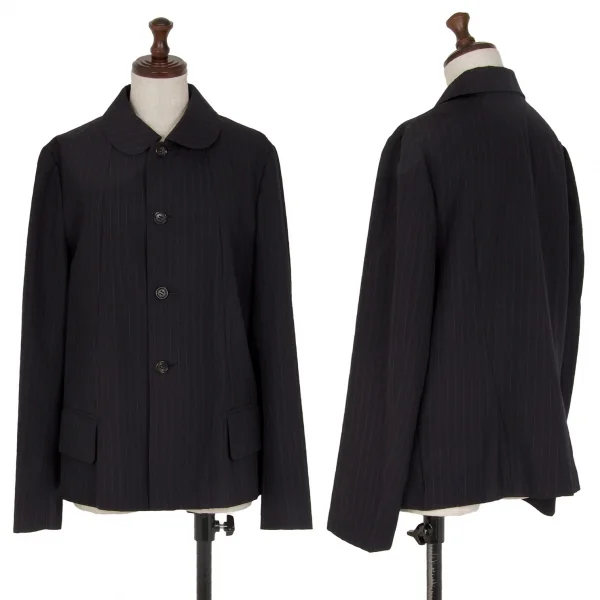 ローブドシャンブル コムデギャルソンrobe de chambre COMME des GARCONS ウールピンストライプ丸襟セットアップスーツ 紺S位・S K-117445_002