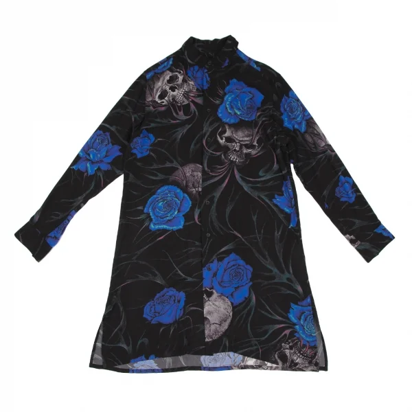ブラックスキャンダル ヨウジヤマモトBLACK Scandal Yohji Yamamoto レーヨンスカルローズファイヤーロングシャツ 黒青3 K-117455_002