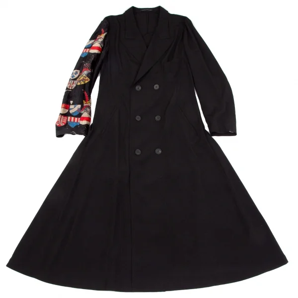 ヨウジヤマモト プールオムYohji Yamamoto POUR HOMME 片袖グラフィックベロア切替ピークドフレアドレスコート 黒1 K-117457_001
