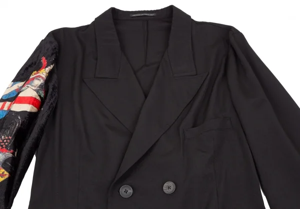 ヨウジヤマモト プールオムYohji Yamamoto POUR HOMME 片袖グラフィックベロア切替ピークドフレアドレスコート 黒1 K-117457_002