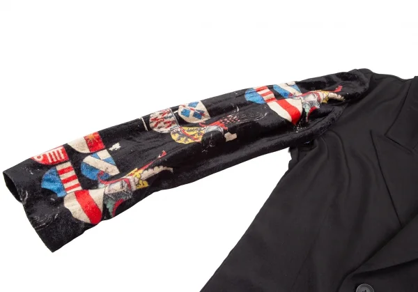 ヨウジヤマモト プールオムYohji Yamamoto POUR HOMME 片袖グラフィックベロア切替ピークドフレアドレスコート 黒1 K-117457_006