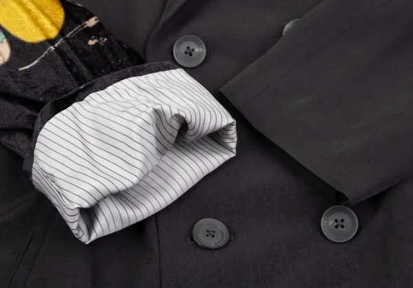 ヨウジヤマモト プールオムYohji Yamamoto POUR HOMME 片袖グラフィックベロア切替ピークドフレアドレスコート 黒1 K-117457_008
